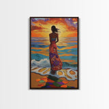 Sunset Beach Woman, Ocean Waves Art, Boho Coastal Decor, Tropical Wall Art, Canvas Print, Living Room Accent, Vibrant Beach Scene