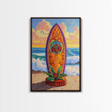 Floral Surfboard Art, Beach Sunset Decor, Tropical Surf Vibe, Canvas Print, Bright Ocean Wall Art, Bathroom Accent, Boho Coastal