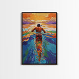 Man Swimming Sunset, Ocean Freedom Art, Tropical Wall Decor, Canvas Print, Bright Water Colors, Bold Bathroom Wall Art