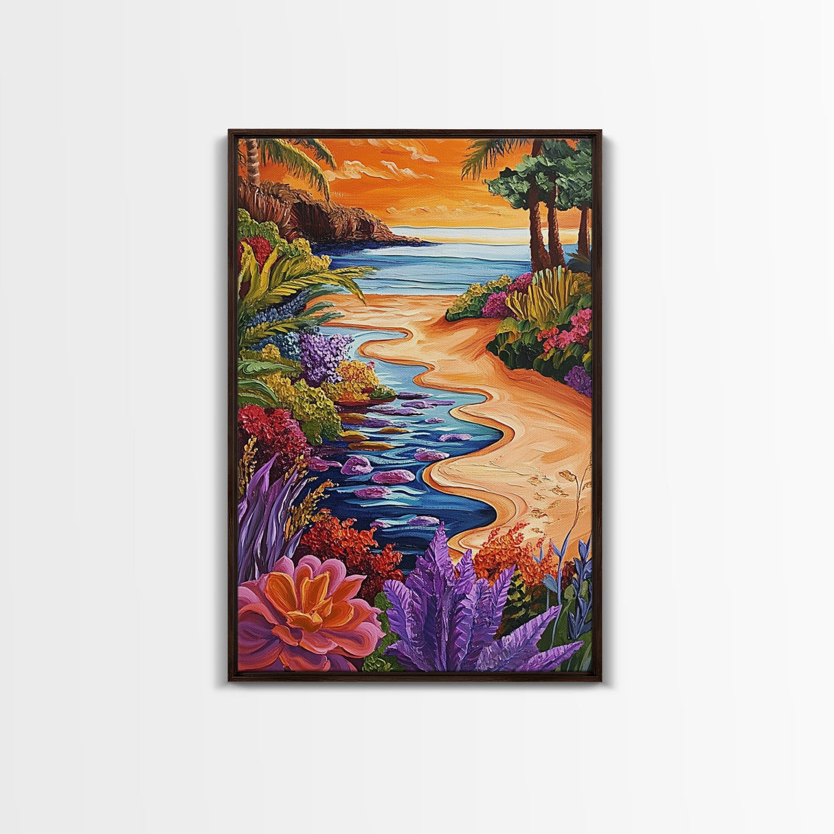 Tropical Beach Path, Sunset Garden Vibes, Colorful Coastal Landscape, Canvas Print, Boho Summer Decor, Bathroom Wall Art