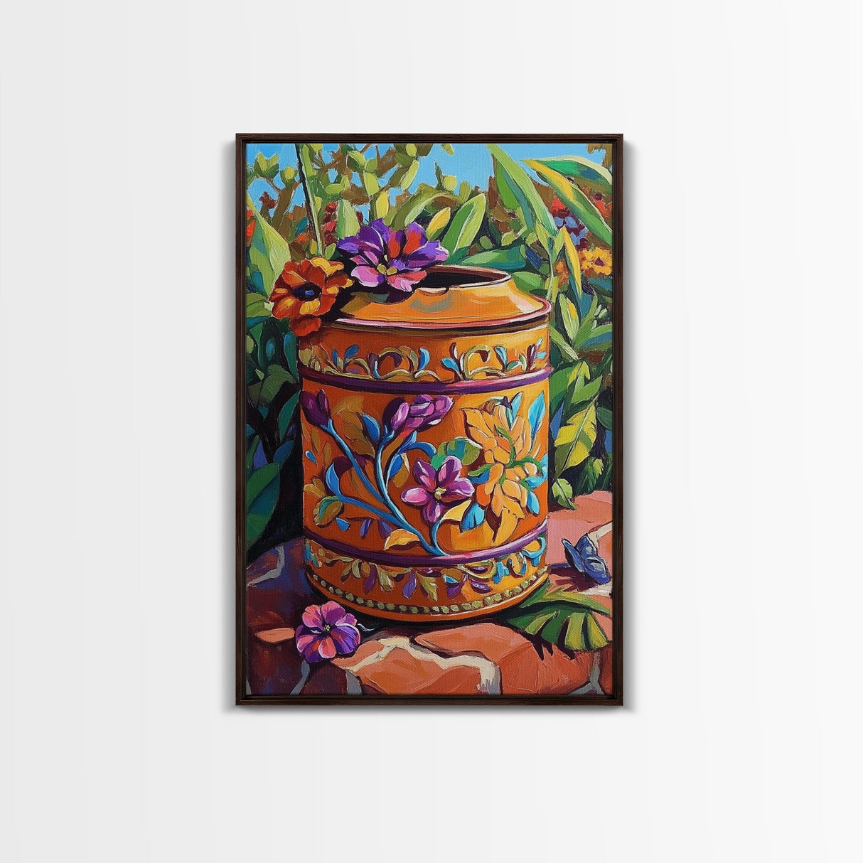 Floral Pot Still Life, Garden Patio Art, Colorful Ceramic Design, Framed Canvas Print, Kitchen Wall Art, Bohemian Home Style