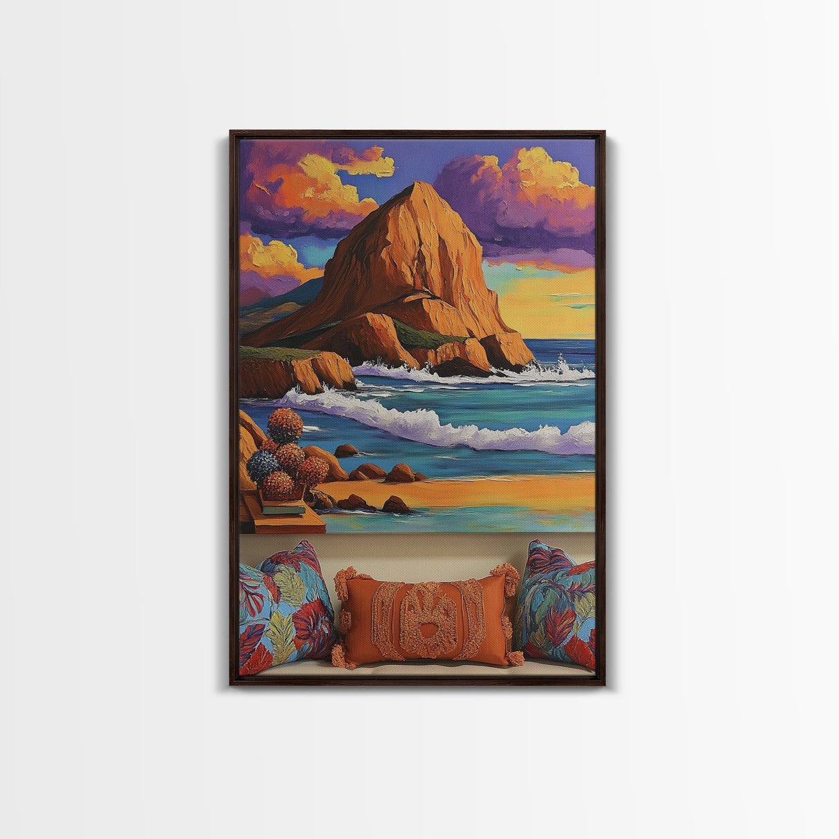 Sunset Beach, Cliffs, Waves, Framed Canvas Print vibrant coastal wall art, beach house decor, ocean cliffs, boho style, living room wall art