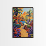 Coastal Village Path, Sunset Vibes, Tropical Getaway, Bright Colors, Framed Canvas Print, Coastal Wall Art, Living Room Decor, Boho Art
