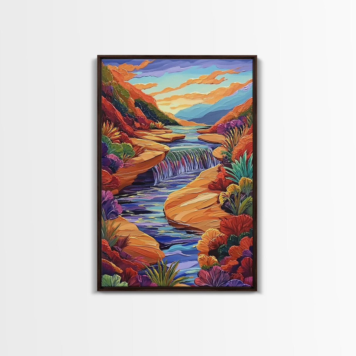 Canyon River Stream, Vibrant Landscape, Sunset Colors, Nature Scene, Framed Canvas Print, Bedroom Wall Art, Fall Home Decor, Boho Art