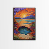Sunset Lake Reflection, Fiery Sky, Tranquil Water, Mountain Glow, Framed Canvas Print, Bedroom Wall Art, Autumn Decor, Serene Art