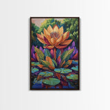 Large Lotus Flower, Tranquil Nature Art, Peaceful Botanical Scene, Framed Canvas Print, Boho Bathroom Wall Art, Zen Decor