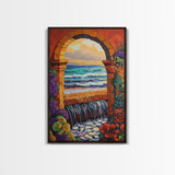 Stone Archway Ocean, Dreamy Seaside Scene, Romantic Sunset Art, Framed Canvas Print, Coastal Entryway Wall Art, Vacation Vibes