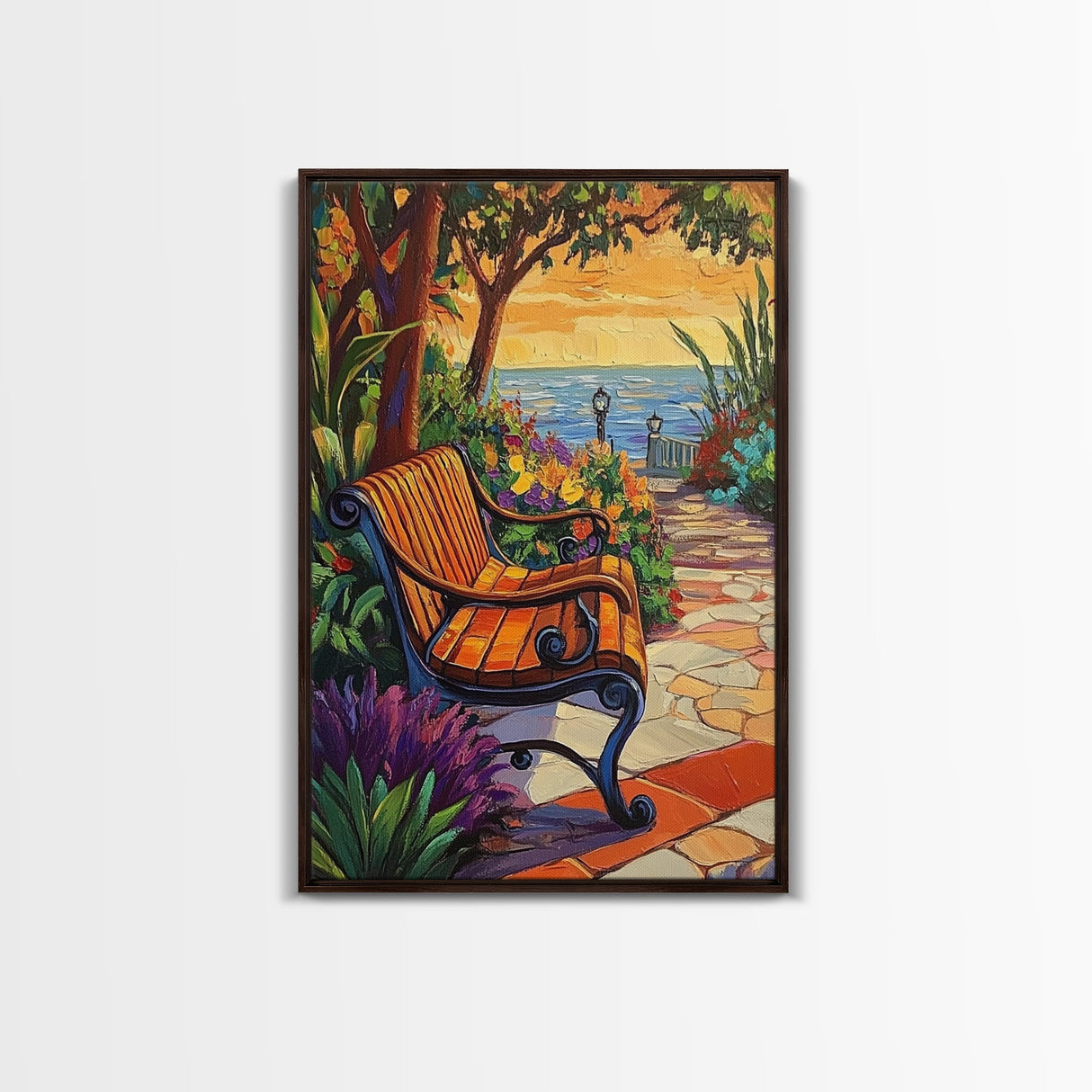 Sunset Garden Bench, Tranquil Nature Art, Romantic Outdoor View, Framed Canvas Print, Cozy Living Room Wall Art, Boho Landscape