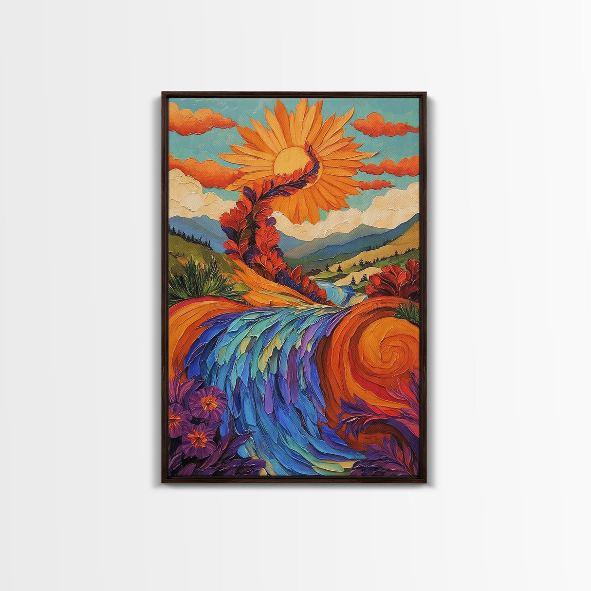 Sunflower River Scene, Whimsical Nature Landscape, Joyful Energy Art, Framed Canvas Print, Bright Nursery Wall Art, Autumn Boho Style