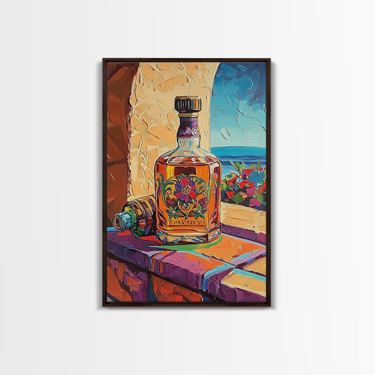 Tequila Bottle, Colorful Spirits, Bar Decor, Still Life, Framed Canvas Print kitchen wall art, Mexican bar art, fiesta rustic painting