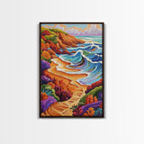 Colorful Beach, Tropical Waves, Vibrant Landscape, Coastal Flowers, Framed Canvas Print, boho art, sunroom wall decor, beach house painting