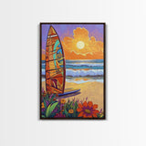 Surfboard Sunset, Ocean View, Floral Beach, Boho Style, Framed Canvas Print, beach lover gift, tropical home decor, coastal living wall art