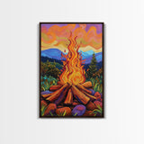 Flames Forest, Dusk, Firelight, Framed Canvas Print rustic bonfire wall art, forest painting, Autumn cabin decor, cozy living room wall art