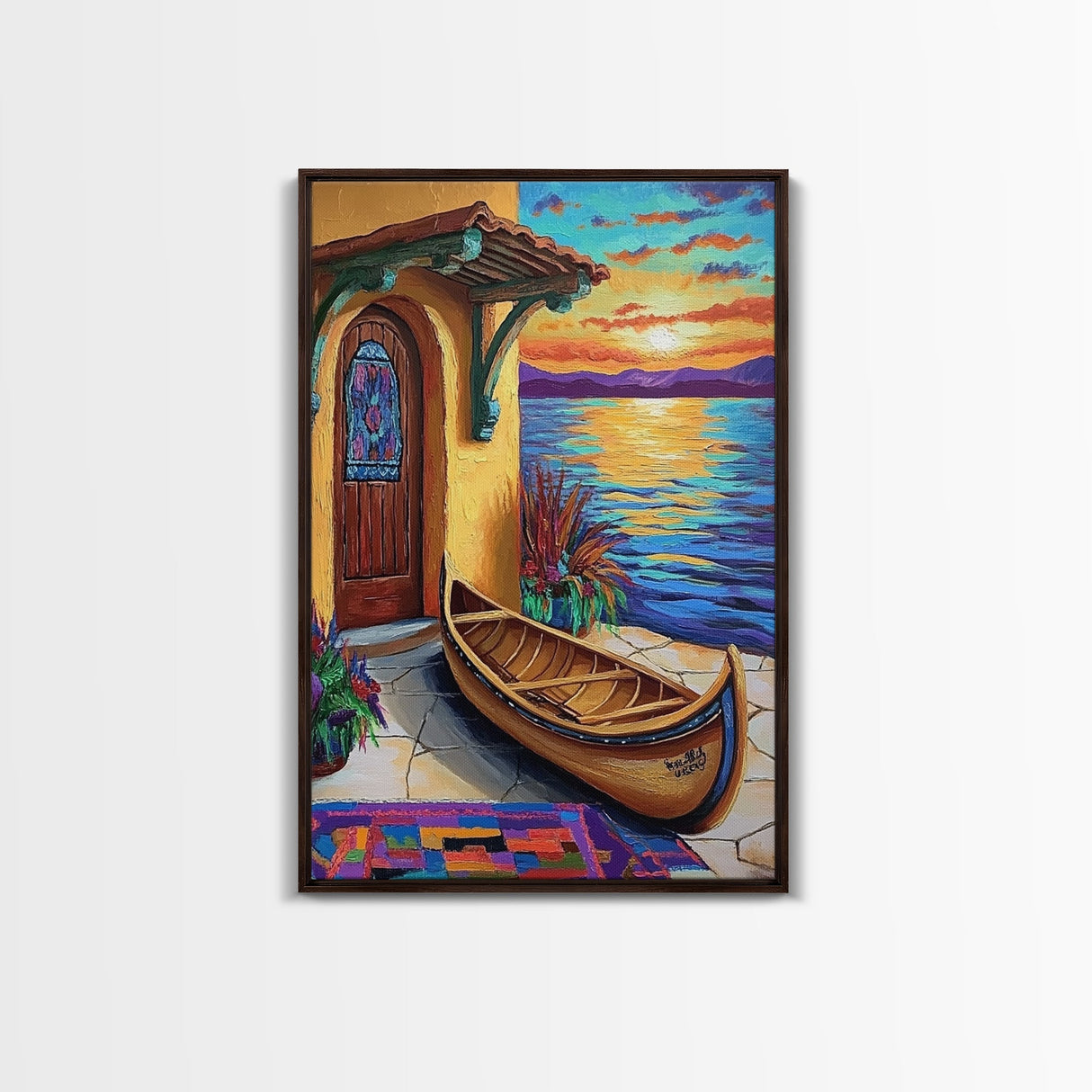 Lakeside Sunset, Canoe, Serenity, Framed Canvas Print, rustic lakefront, sunset art, cozy cabin vibe, boho lakehouse wall art, den art