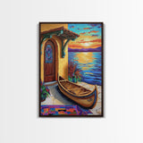 Lakeside Sunset, Canoe, Serenity, Framed Canvas Print, rustic lakefront, sunset art, cozy cabin vibe, boho lakehouse wall art, den art