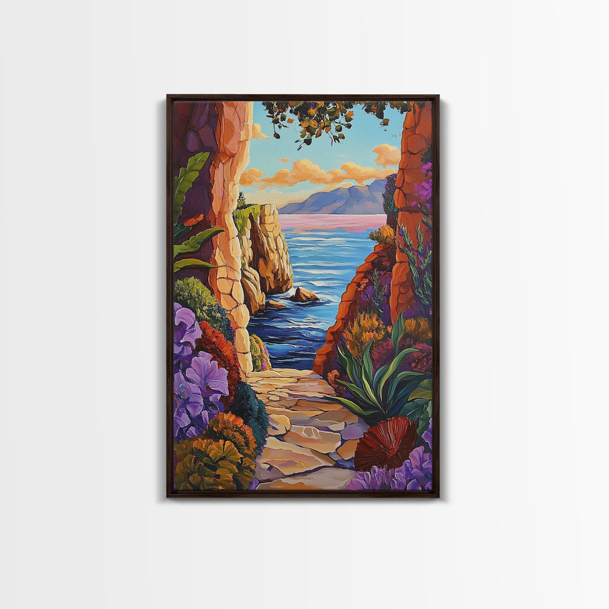 Pathway Ocean, Archway, Colorful Coastal View, Framed Canvas Print, Bohemian Hallway Art, Tropical Escape Decor, Vibrant Travel Scene
