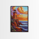 Lighthouse Sunset, Waves, Dramatic Coastal Sunset, Framed Canvas Print, Nautical Office Wall Art, Fall Coastal Decor, Bold Color Painting