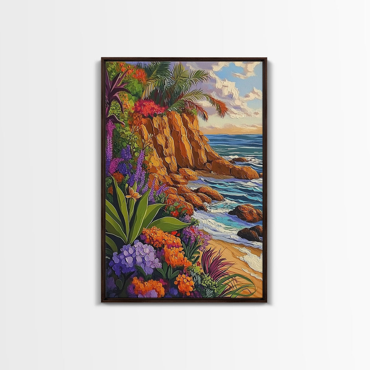 Tropical Coast, Flowers, Waves, Framed Canvas Print vibrant beach cliff wall art, coastal botanical boho decor, Living Room Wall Art
