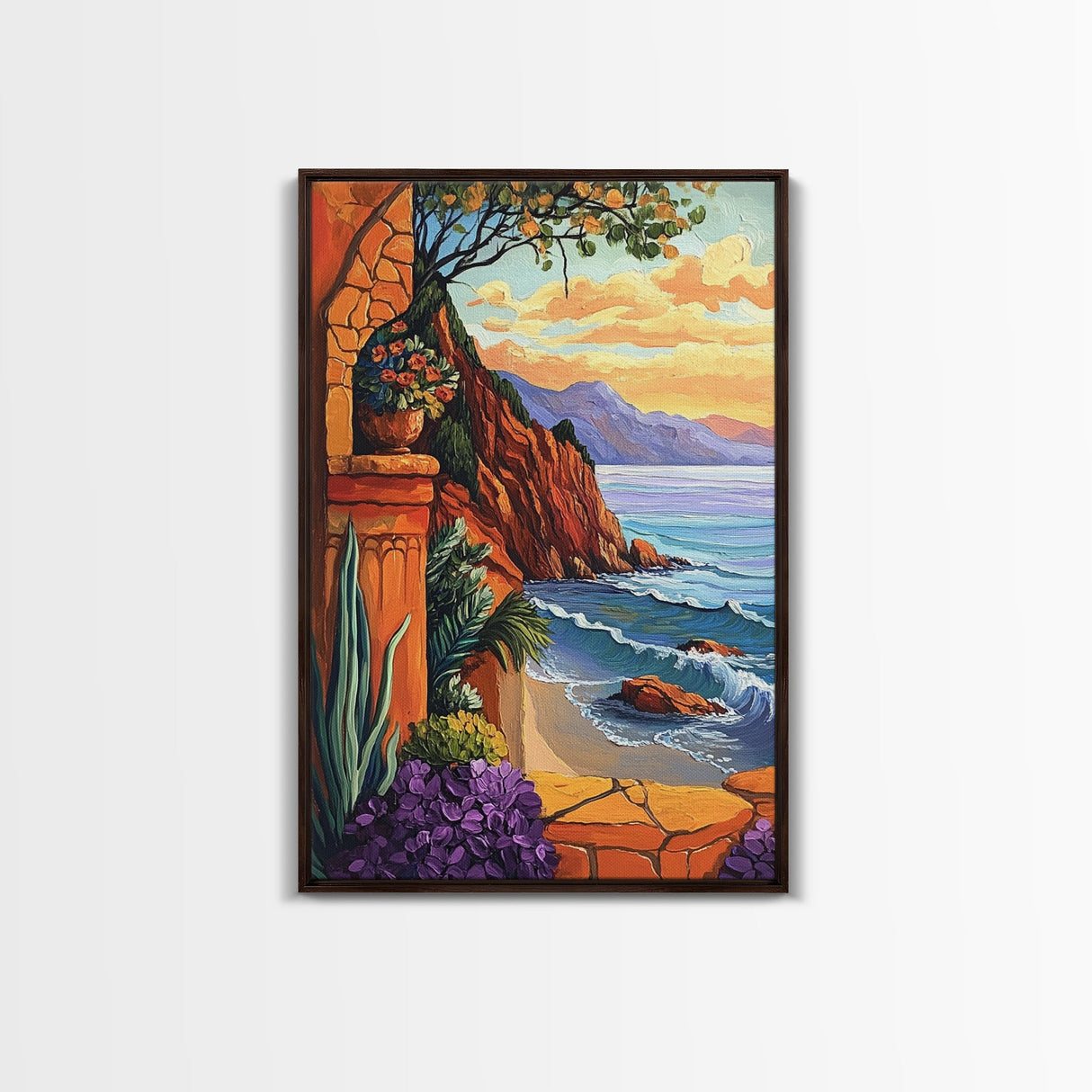 Seaside Terrace, Sunset Florals, Framed Canvas Print romantic ocean view artwork, Mediterranean decor, Kitchen Wall Art, rustic art