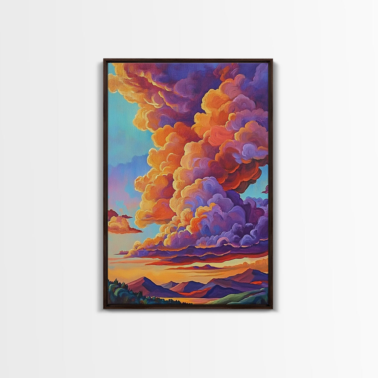 Clouds Sunset, Skies, Mountains, Framed Canvas Print dramatic sky art, colorful cloudscape painting, Bedroom Wall Art, dreamy wall decor