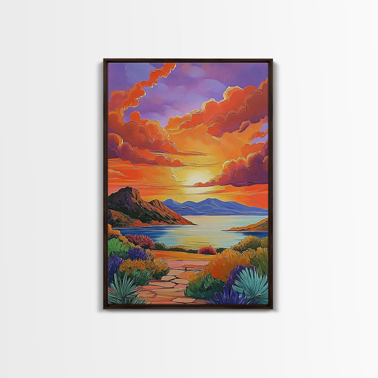 Sunset, Desert, Lake, Landscape, Framed Canvas Print, Vibrant sunset over desert lake with bold skies, perfect Southwest living room wall art