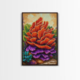 Succulent, Cactus, Orange, Purple, Framed Canvas Print, Bold desert succulent bloom art in orange and purple, living room statement piece