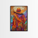 Woman, Hat, Mountains, Blanket, Canvas Print, Southwest-inspired woman with hat and blanket, rustic fall-themed living room wall decor