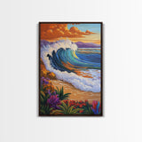 Wave Sunset, Ocean, Flowers, Canvas Print, Crashing sunset wave with tropical flowers, coastal bathroom and surf-themed wall decor