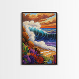 Wave Bold, Ocean, Sunset, Framed Canvas Print, Sunset surf wave crashing on rocks with bold colors, perfect beach house wall art