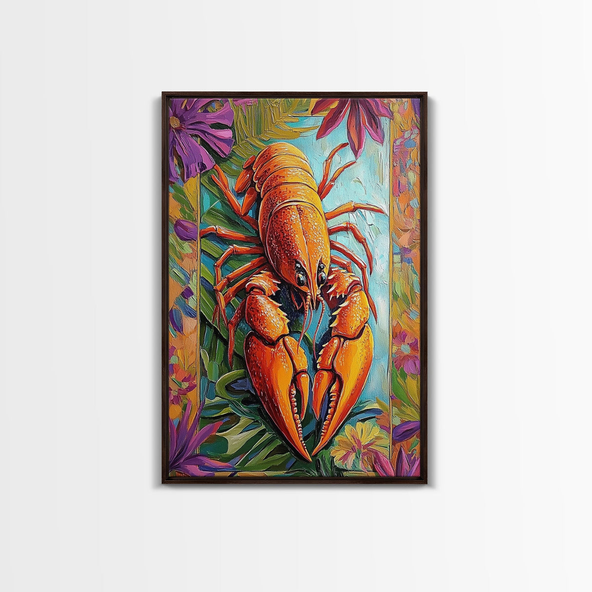 Lobster Coastal, Nautical, Kitchen, Framed Canvas Print, Bold orange lobster art with tropical florals, great coastal kitchen wall art