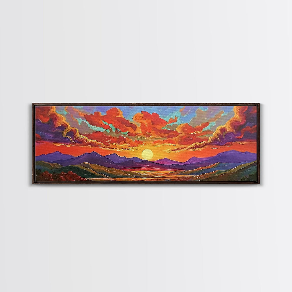 Sunset Cloudscape, Vibrant Sky Painting, Colorful Wall Decor, Nature Scene, Autumn Palette Living Room Framed Canvas Print, Office Art