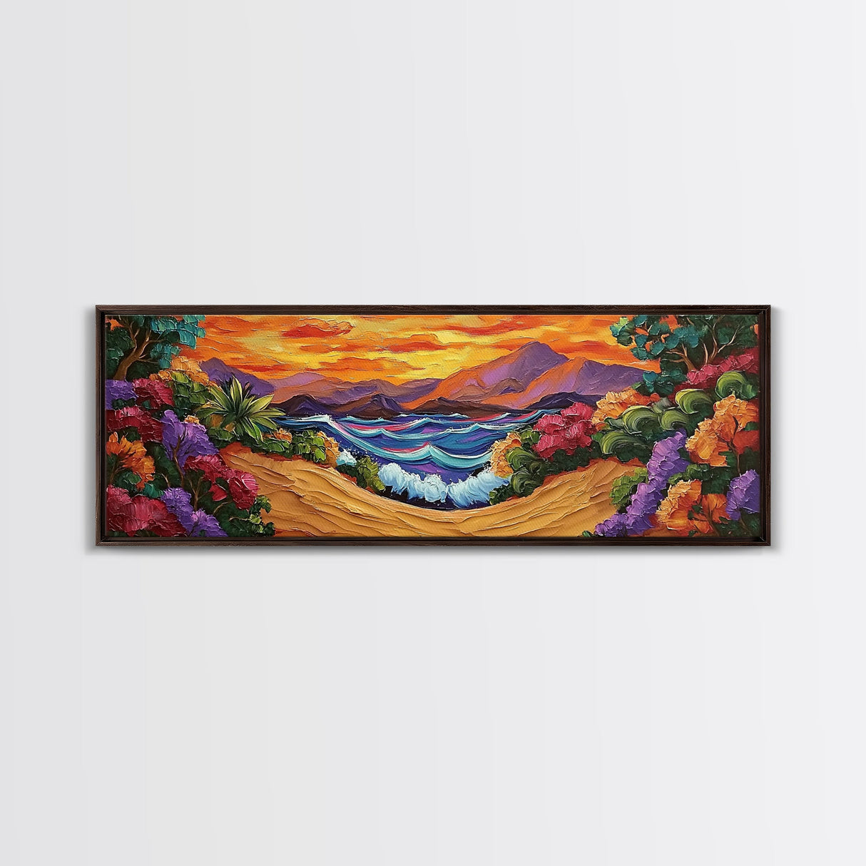 Tropical Sunset Cove, Vibrant Ocean Painting, Beach House Decor, Bold Nature Scene, Boho Living Room Canvas Print, Nature Painting