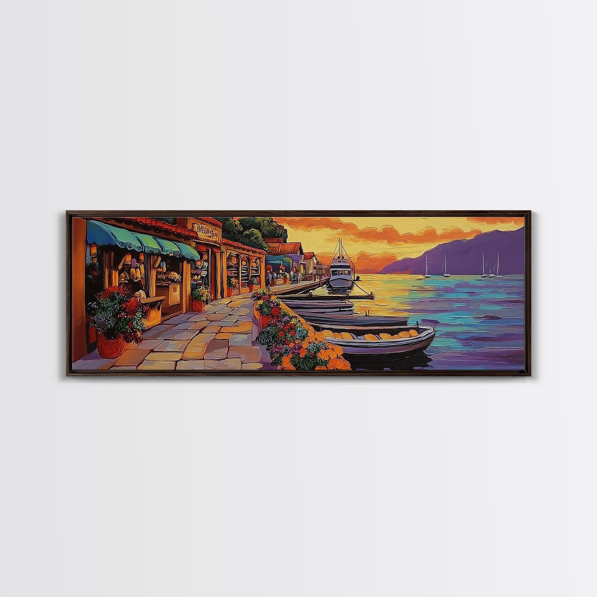 Harbor Village Sunset, Vibrant Coastal Town Painting, Mediterranean Art, Kitchen or Hallway Decor Framed Canvas Print, Beach House Wall Art