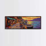 Harbor Village Sunset, Vibrant Coastal Town Painting, Mediterranean Art, Kitchen or Hallway Decor Framed Canvas Print, Beach House Wall Art
