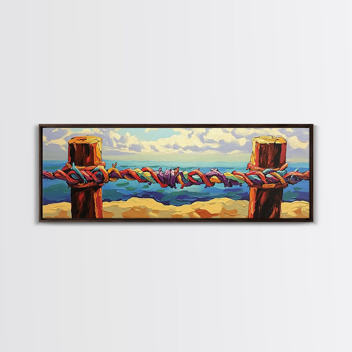 Nautical Rope Painting, Coastal Wall Decor, Canvas Print, Colorful Ocean View, Rustic Beach House Art, Nautical Bathroom Accent
