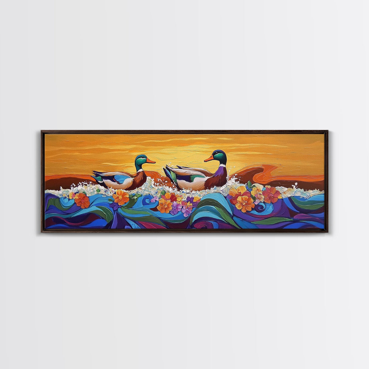 Ducks On Waves, Colorful Animal Art, Whimsical Sunset, Floral Ocean Scene, Canvas Print, Fun Kitchen Art, Kids Room Wall Art