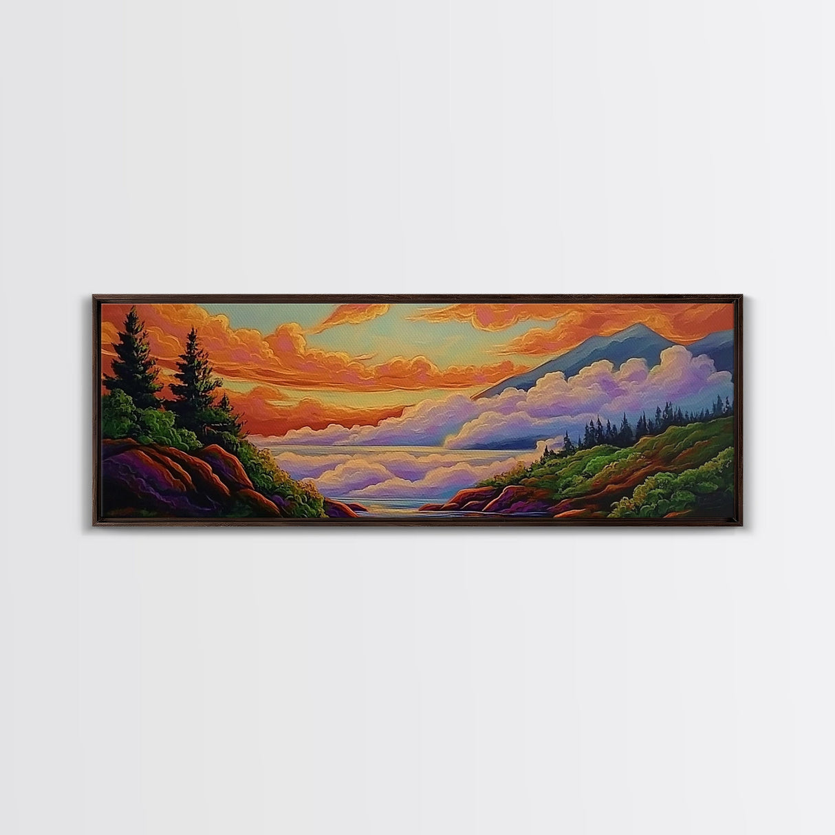 Cloudy Mountains, Sunset Glow, Forest Horizon, Tranquil Vibes, Framed Canvas Print, peaceful landscape, bedroom wall art