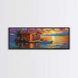 Floating Home, Lake Sunset, Tranquil Retreat, Framed Canvas Print, peaceful wall art, waterfront decor, lakehouse artwork