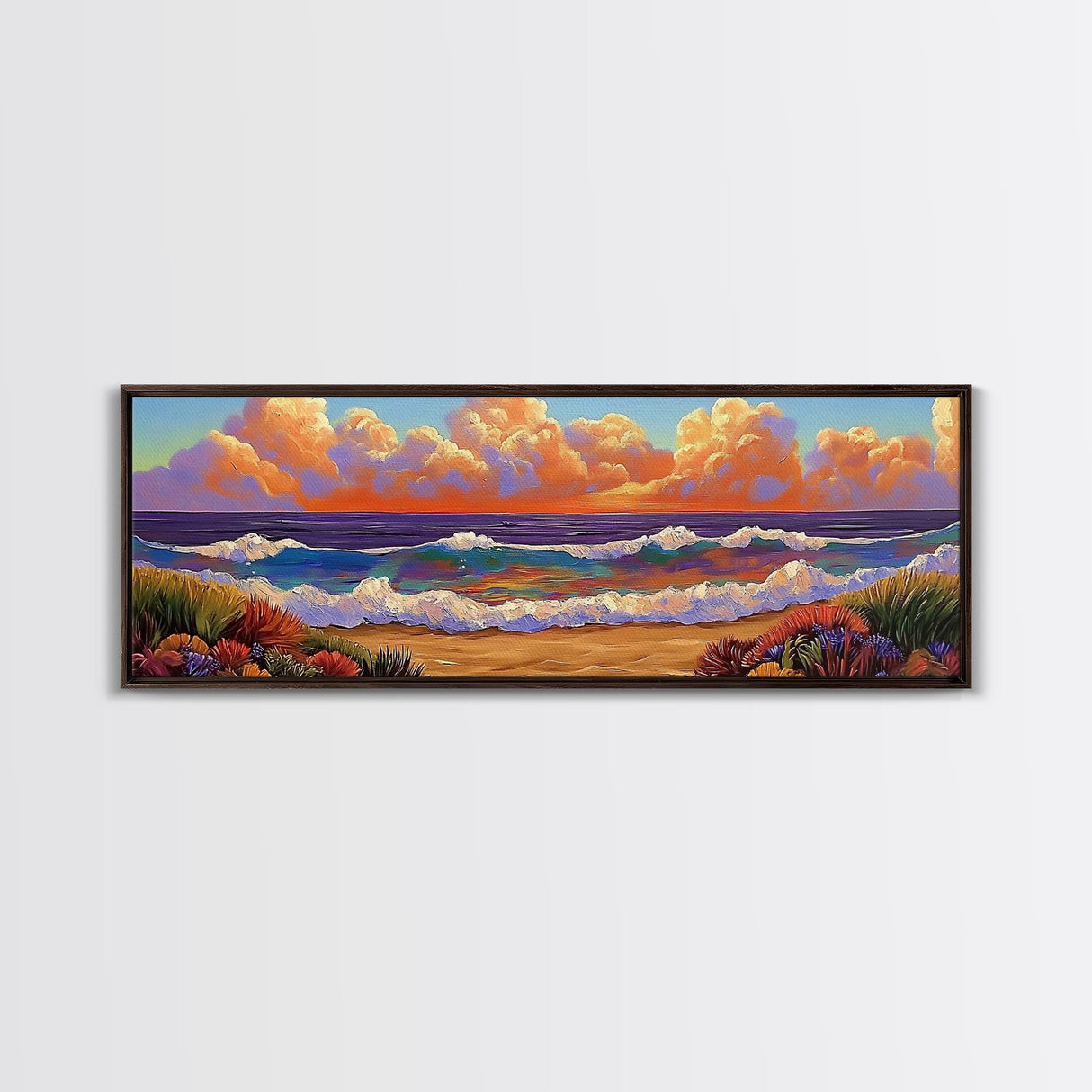 Beach Sunset, Gentle Waves, Cotton Clouds, Summer Calm, Framed Canvas Print, Coastal Wall Art, Soft Pastel Ocean Landscape