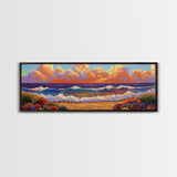 Beach Sunset, Gentle Waves, Cotton Clouds, Summer Calm, Framed Canvas Print, Coastal Wall Art, Soft Pastel Ocean Landscape