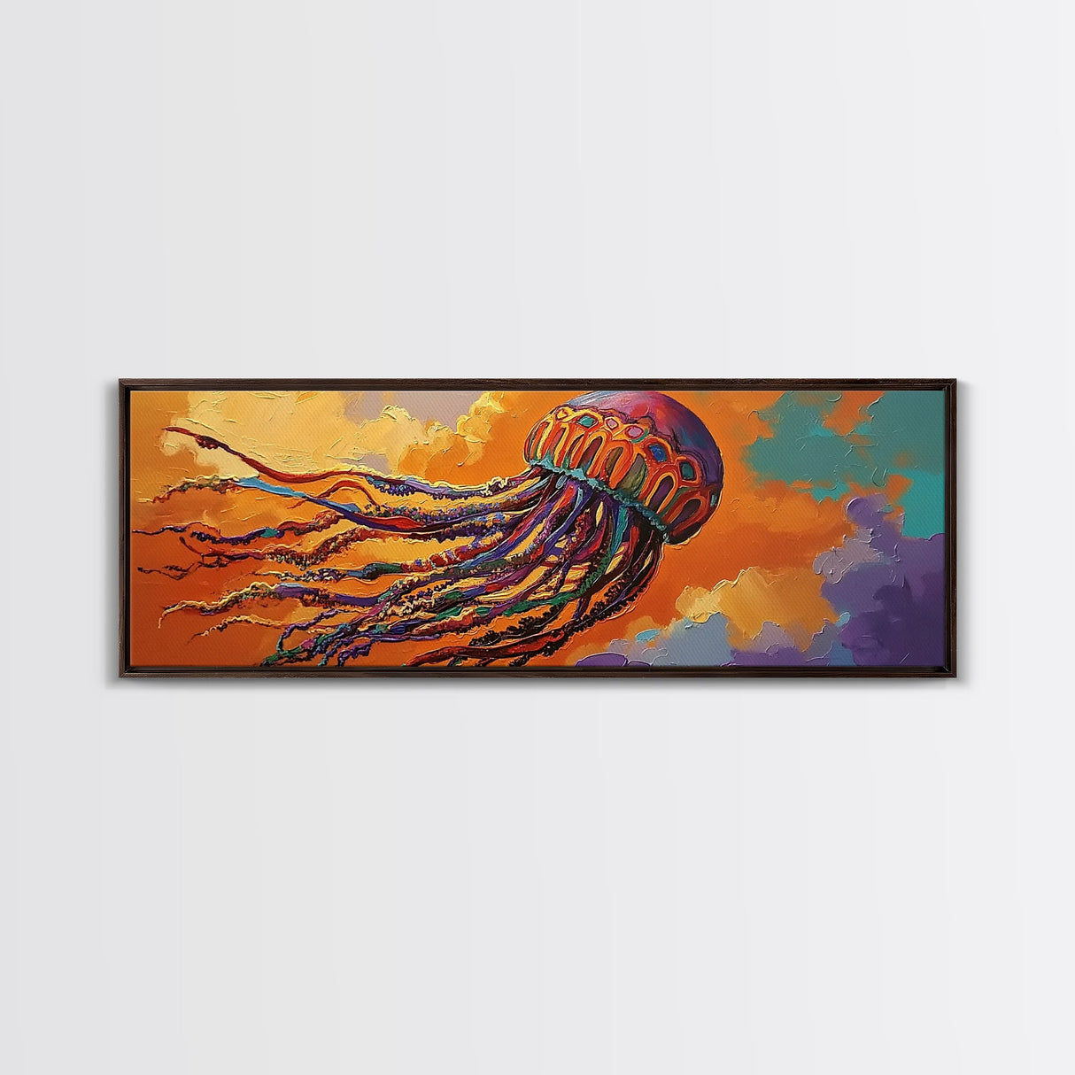 Vibrant Jellyfish, Ocean Creature, Sunset Sky, Living Room Decor, Framed Canvas Print, Coastal Wall Art, Bright Colorful Boho Art