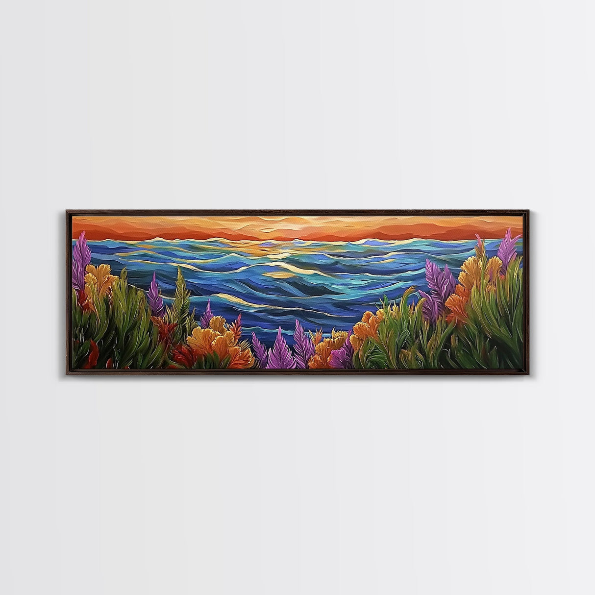 Ocean Horizon, Sunset Sea, Flower Garden, Nature Escape, Canvas Print, Beach House Decor, Tropical Seascape Wall Art