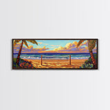 Beach Sunset, Palm Trees, Volleyball Net, Tropical Decor, Framed Canvas Print, Coastal Wall Art, Boho Beach Vibes, Game Room Art