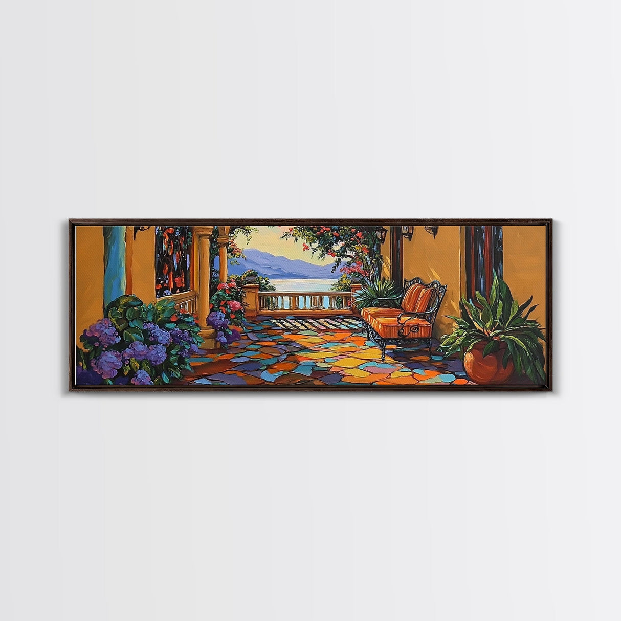 Garden Balcony, Mediterranean Villa, Sunset View, Cozy Terrace, Canvas Print, Tuscan Decor, Romantic Outdoor Wall Art