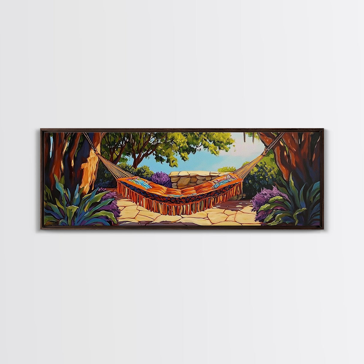 Hammock Retreat View, Relaxing Outdoor Space, Nature Art, Framed Canvas Print, summer art, patio decor, boho style, bedroom wall