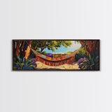 Hammock Retreat View, Relaxing Outdoor Space, Nature Art, Framed Canvas Print, summer art, patio decor, boho style, bedroom wall