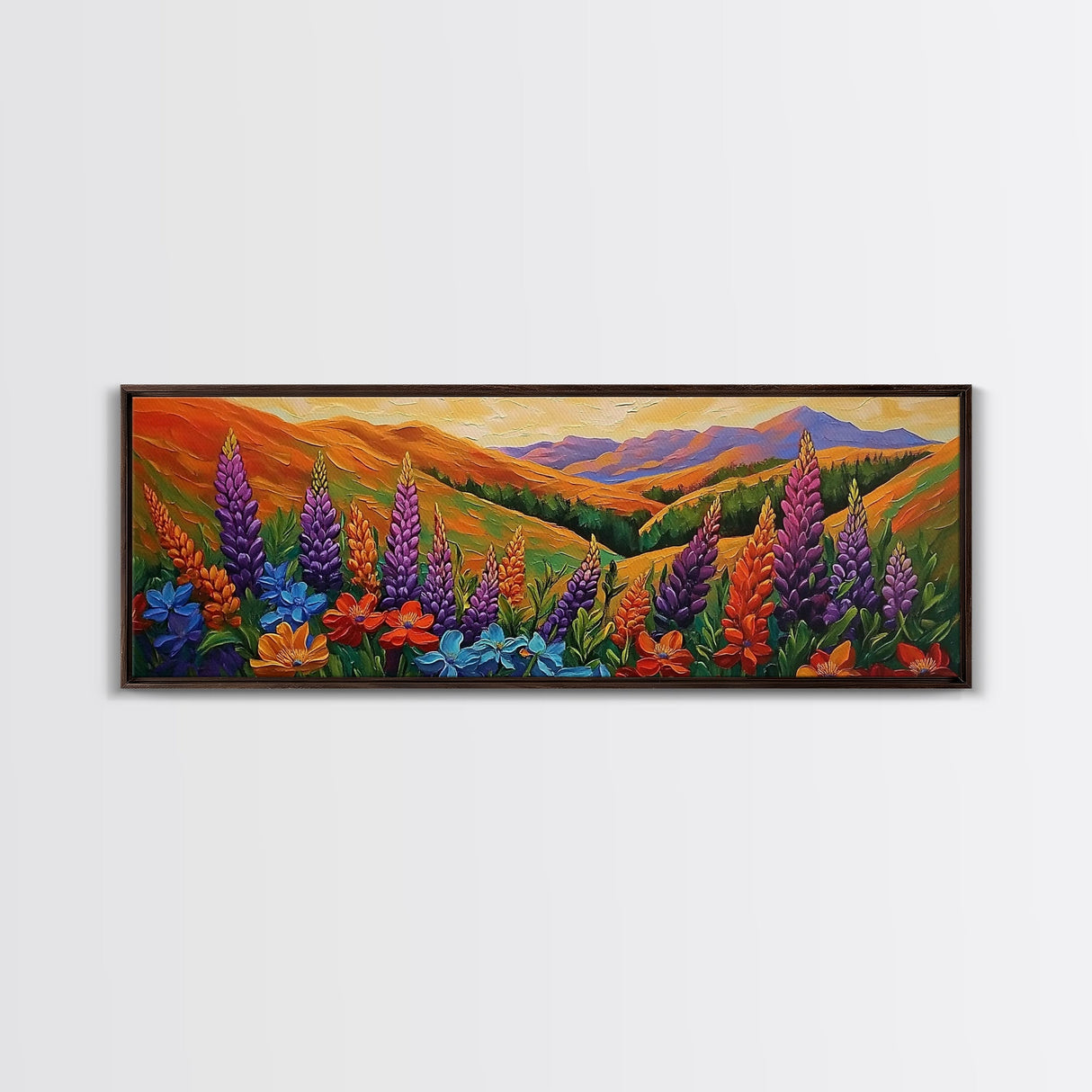 Wildflower Valley View, Bright Floral Mountain Art, Nature Inspired Painting, Framed Canvas Print, Kitchen or Bedroom Wall Decor