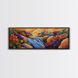 Waterfall Garden Scene, Colorful Floral Cascade, Fantasy Nature Artwork, Framed Canvas Print, Vibrant Bathroom or Entryway Art