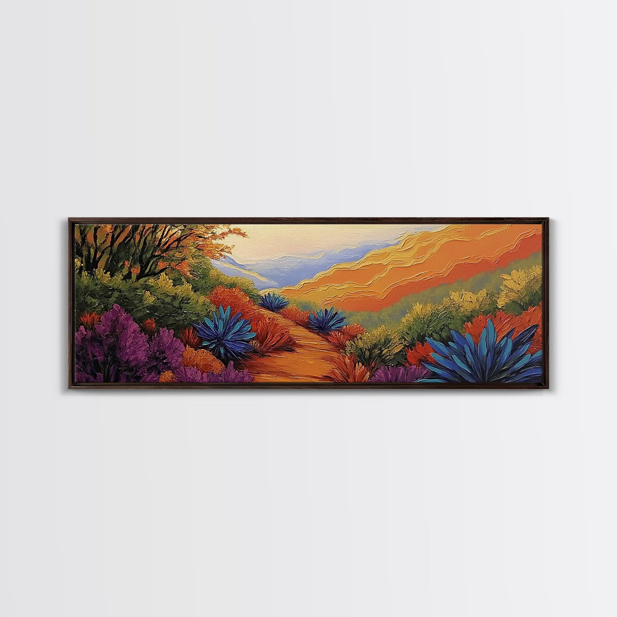 Vibrant Desert Path, Bold Landscape Painting, Agave and Sunset View, Framed Canvas Print, Southwest Kitchen or Hallway Wall Art