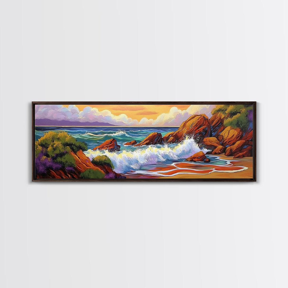 Ocean Wave Crash, Coastal Rock Shore, Vibrant Seascape Painting, Framed Canvas Print, Beach Bathroom or Nautical Living Room Art